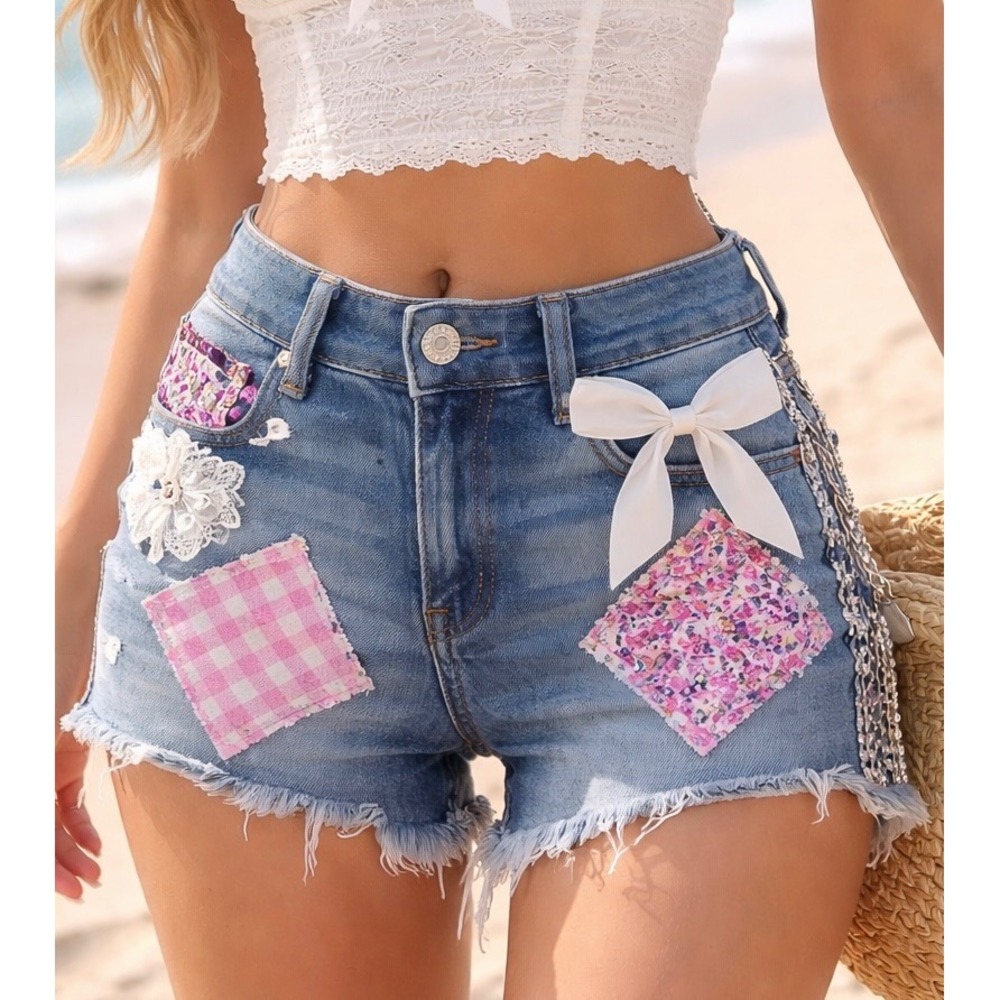 Upcycled Y2K‎ Coquette Denim Shorts 💕 Patchwork Lace Bow Festival Cottagecore